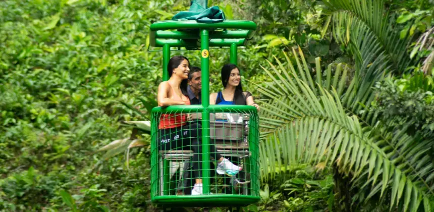 Personas disfrutando un recorrido en góndola aérea verde sobre un bosque tropical