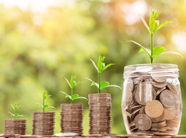Montones de monedas con plantas creciendo encima y un frasco lleno de monedas con una planta, simbolizando crecimiento financiero.