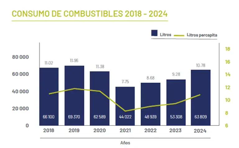 Gráfico de barras y línea que muestra el consumo de combustibles de 2018 a 2024 en litros y consumo per cápita