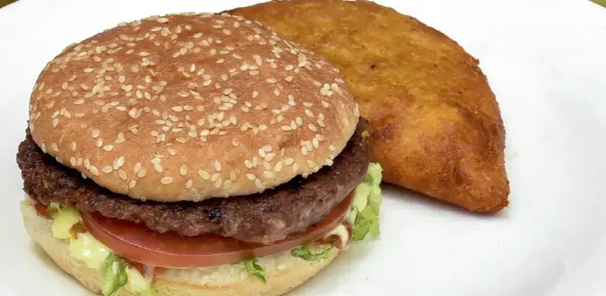 Hamburguesa con tomate, lechuga y mayonesa acompañada de una empanada en plato blanco