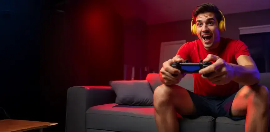 Hombre con audífonos amarillos jugando videojuegos con un control frente al televisor