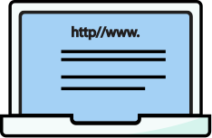 Ilustración de una computadora portátil con una página web abierta que muestra texto y una dirección URL genérica 