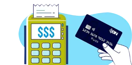 Ilustración de una mano acercando una tarjeta BN a un datáfono con símbolo de pago y pantalla con signo de dólares