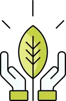 Icono de dos manos sosteniendo una hoja, representando sostenibilidad o protección ambiental.