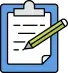 Ícono de portapapeles azul con una hoja escrita y un lápiz, representando tareas, notas o formularios.