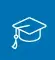 Ícono de birrete blanco sobre fondo azul representando educación o formación académica