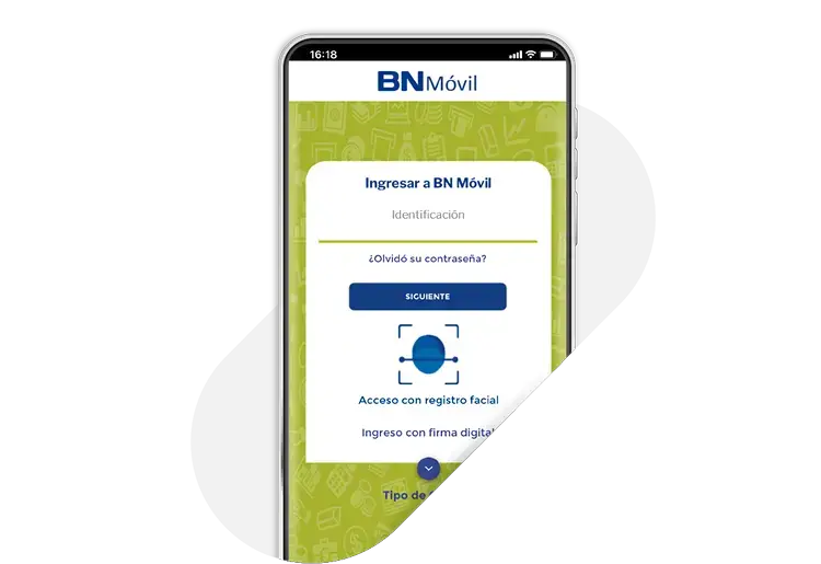 Pantalla de inicio de sesión de la aplicación BN Móvil del Banco Nacional de Costa Rica con opciones de acceso facial y firma digital