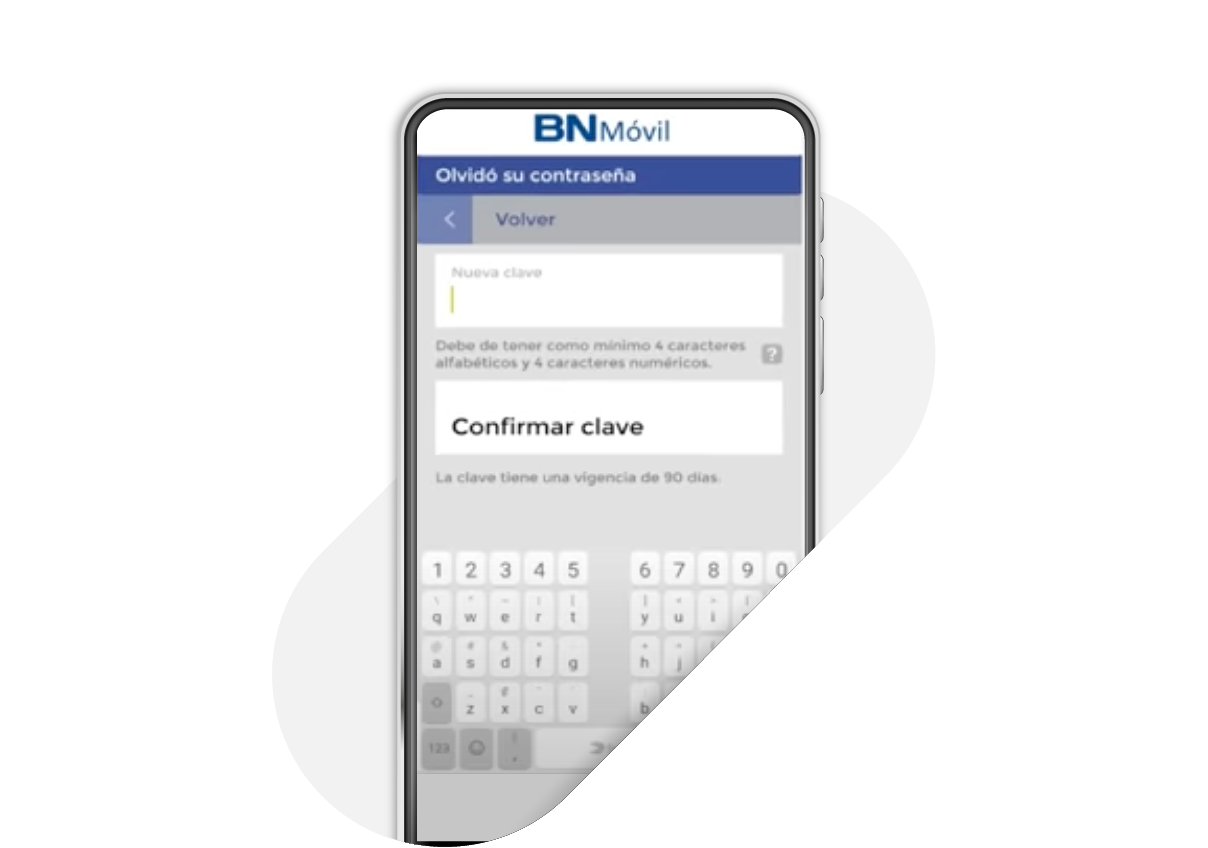 Pantalla de BN Móvil para ingresar y confirmar nueva contraseña durante recuperación
