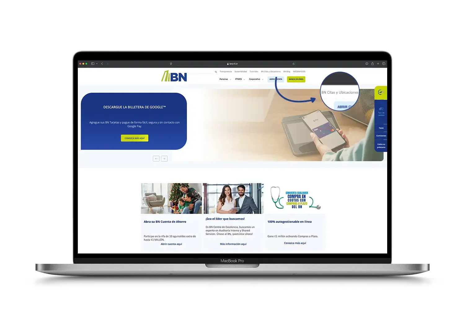 Pantalla principal del sitio web del Banco Nacional de Costa Rica.