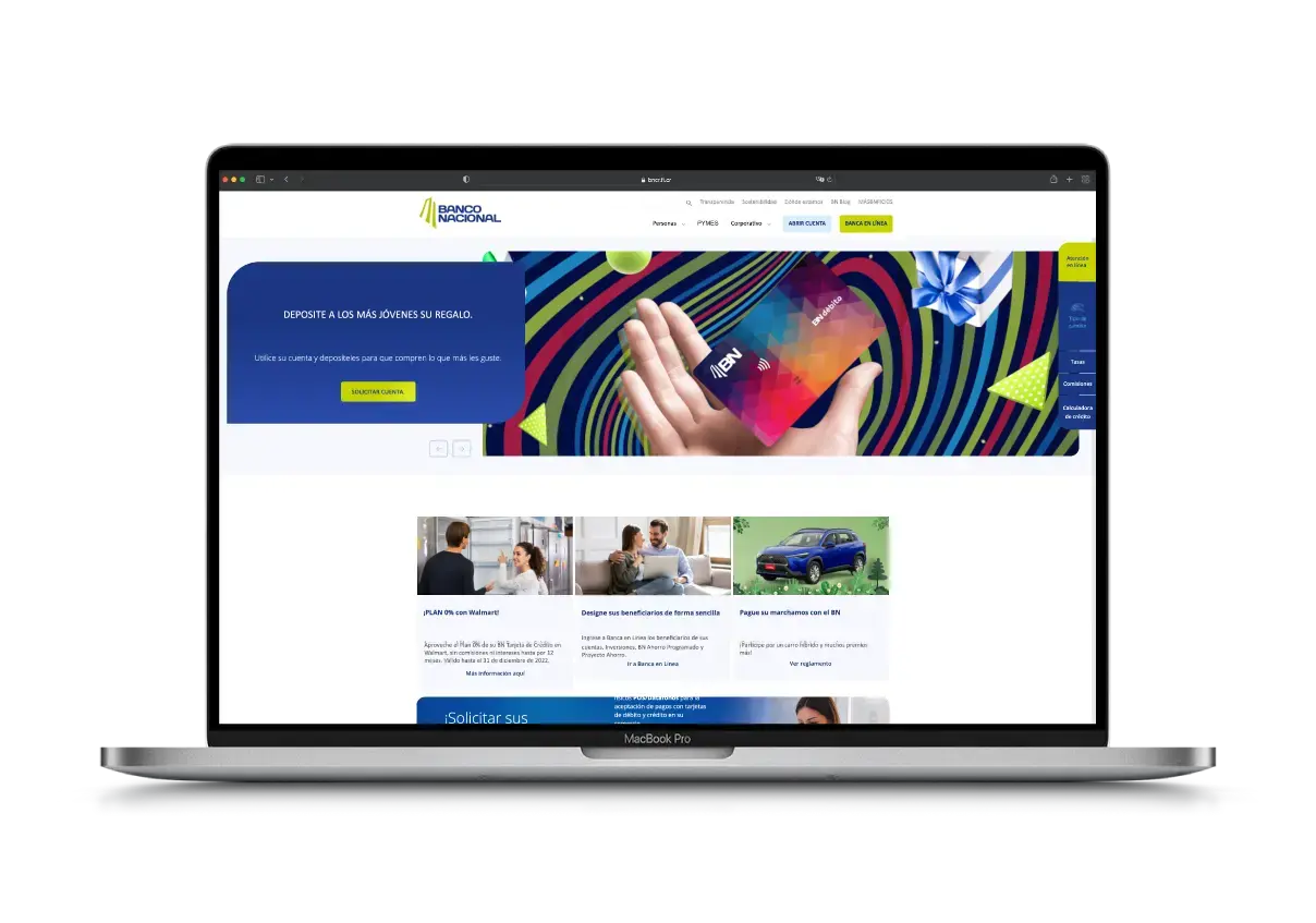 Página de inicio del sitio web del Banco Nacional de Costa Rica con banner promocional de tarjetas BN y secciones destacadas de productos y servicios.