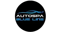 Logotipo de Autospa Blue Line con silueta azul de automóvil sobre fondo negro