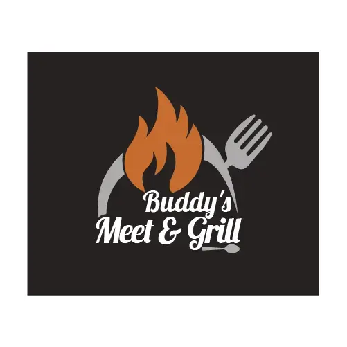 Logotipo de Buddy’s Meet &amp; Grill con llama naranja, tenedor gris y fondo negro