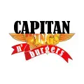 Logotipo de Capitan Wings n’ Burgers con alas doradas y cinta roja