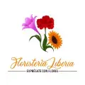 Logotipo de Floristería Liberia con ilustración de flores y texto naranja