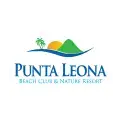 Logotipo del Hotel Punta Leona con ilustración de colinas, sol y palmera sobre fondo blanco