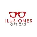 Logotipo de Ilusiones Ópticas con gafas rojas sobre el texto en letras mayúsculas