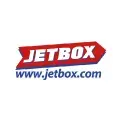 Logotipo de JetBox con fondo blanco y texto azul y rojo junto al sitio web www.jetbox.com