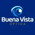 Logotipo de Óptica Buena Vista con un diseño de ojo en tonos azules sobre fondo azul oscuro