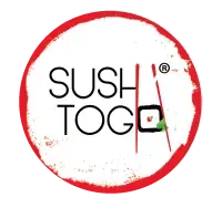 Logotipo de Sushi To Go con palillos rojos y círculo rojo alrededor del texto