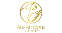 Logotipo de Ara Ambigua Lodge con diseño dorado de ave estilizada dentro de un círculo