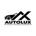 Logotipo de Autolux con silueta de automóvil y texto pintura y detallado automotriz