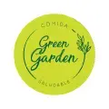 Logotipo circular verde de Green Garden con texto Comida Saludable.