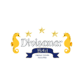 Logotipo del Hotel Divisamar con caballitos de mar dorados y cinta azul decorativa