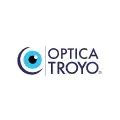 Logotipo de Óptica Troyo con icono de ojo en tonos azul y gris.