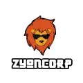 Logotipo de Zyon Corp con león naranja usando gafas oscuras y texto en color negro