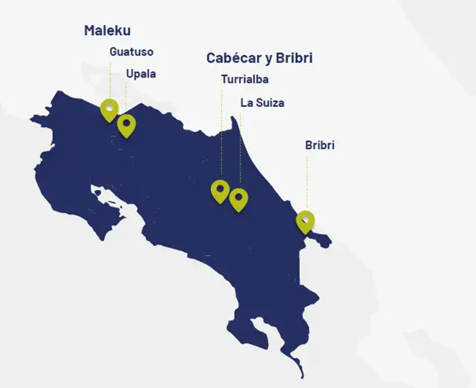 Mapa de Costa Rica con marcadores que indican las oficinas que atienden a las comunidades Maleku, Cabécar y Bribri.
