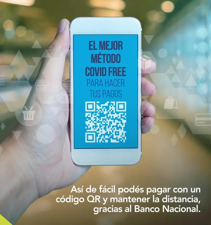 Mano sosteniendo un celular con código QR y texto promocional del Banco Nacional sobre pagos sin contacto.