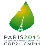 Logotipo de París 2015 COP21 con hoja verde y gota amarilla.