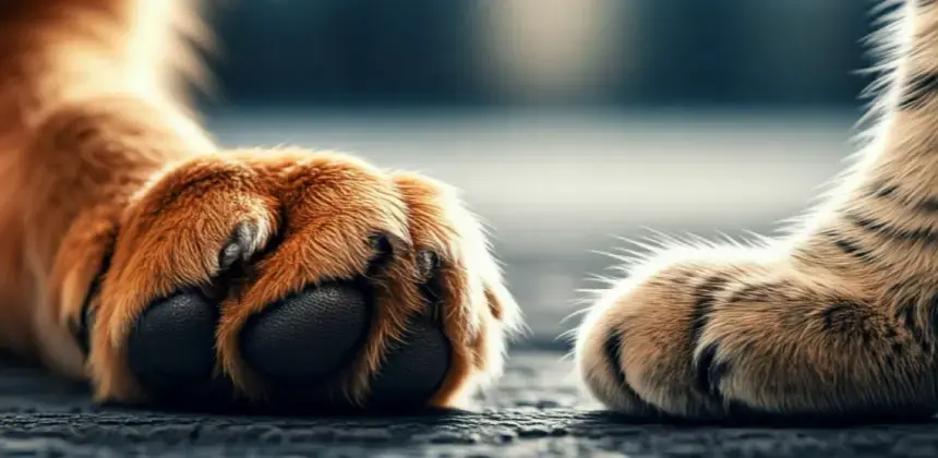 Primer plano de dos patas peludas de animales apoyadas sobre una superficie oscura.