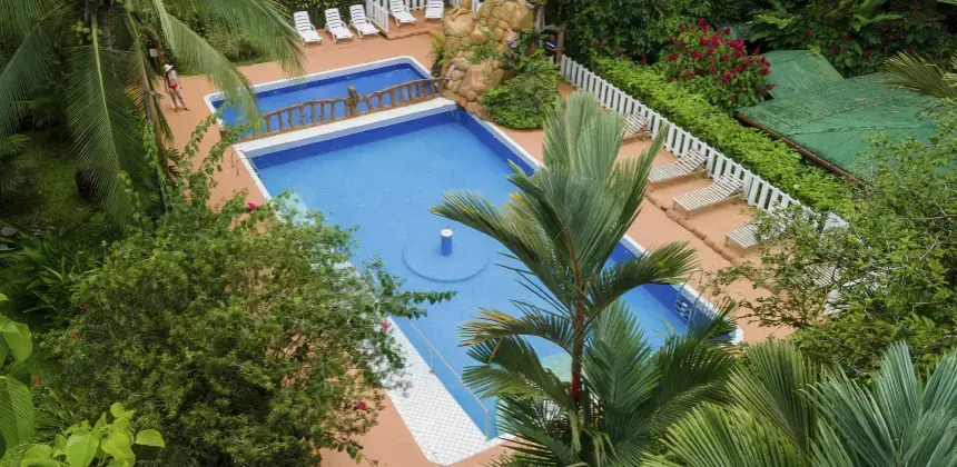 Vista aérea de piscina rodeada de vegetación tropical y sillas para descanso en Ara Ambigua Lodge