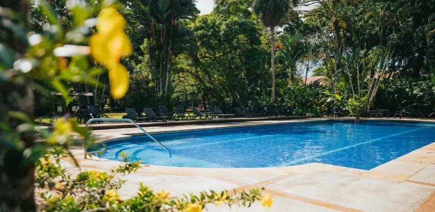 Piscina al aire libre rodeada de vegetación tropical en Tilajari Eco Resort