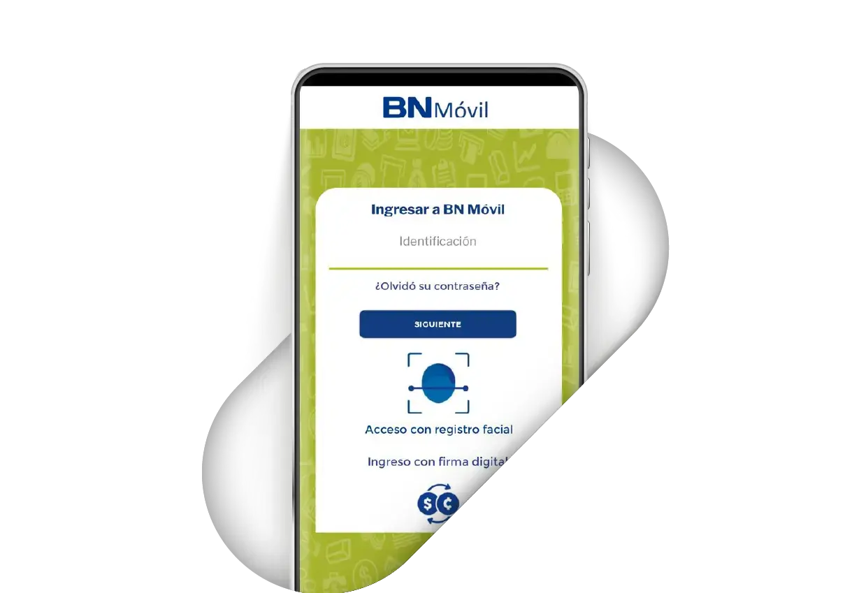 Pantalla de inicio de sesión de la app BN Móvil con opciones de acceso facial y firma digital