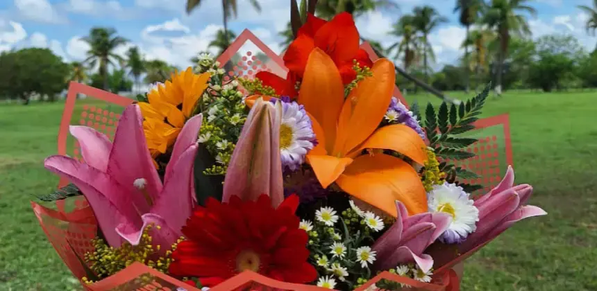 Ramo de flores coloridas con lirios, gerberas y margaritas en un campo con palmeras