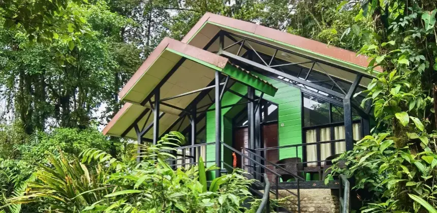 Cabaña ecológica rodeada de vegetación en medio del bosque tropical.