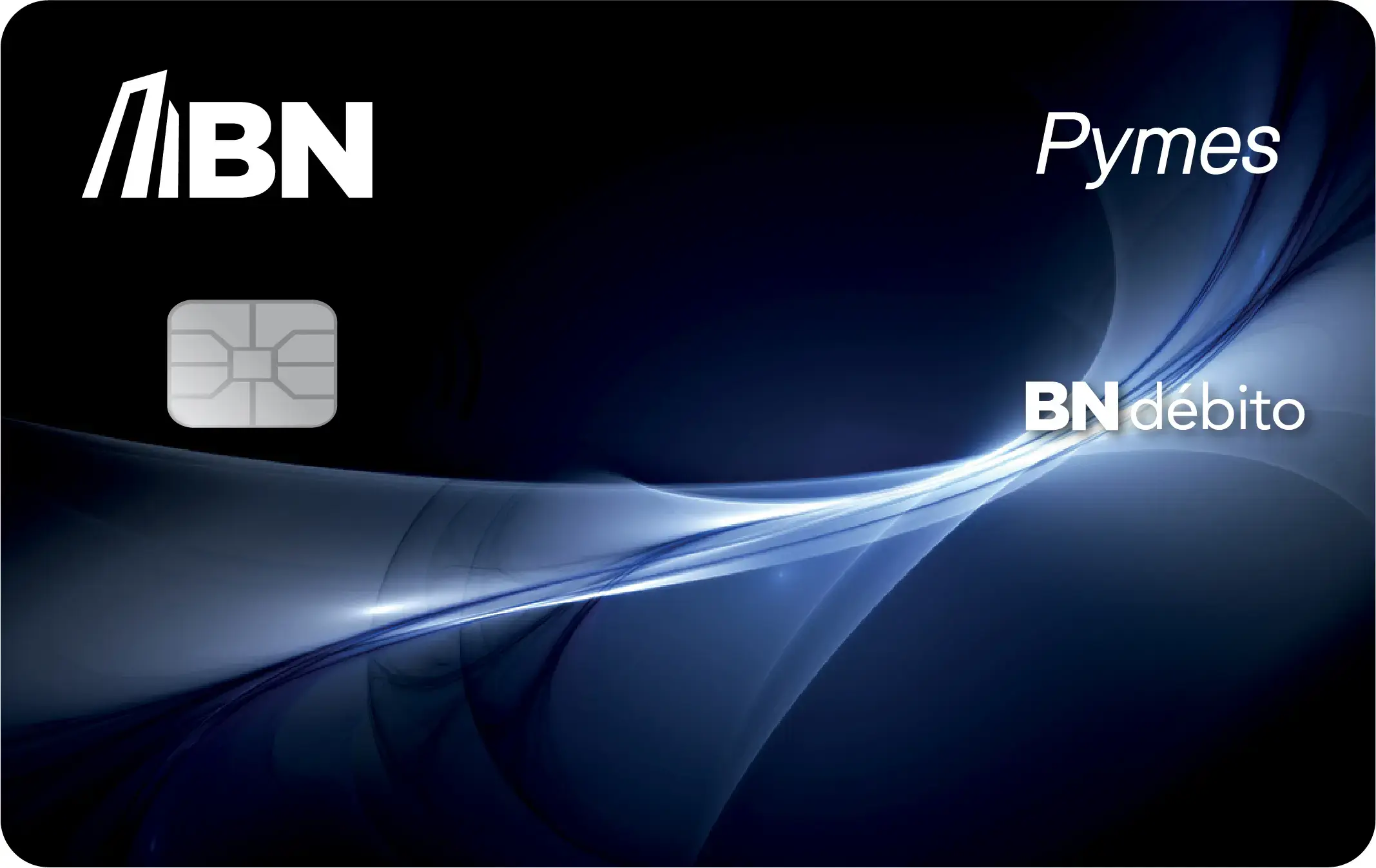 Tarjeta BN Débito Pymes en tonos azul oscuro con chip y diseño de líneas luminosas