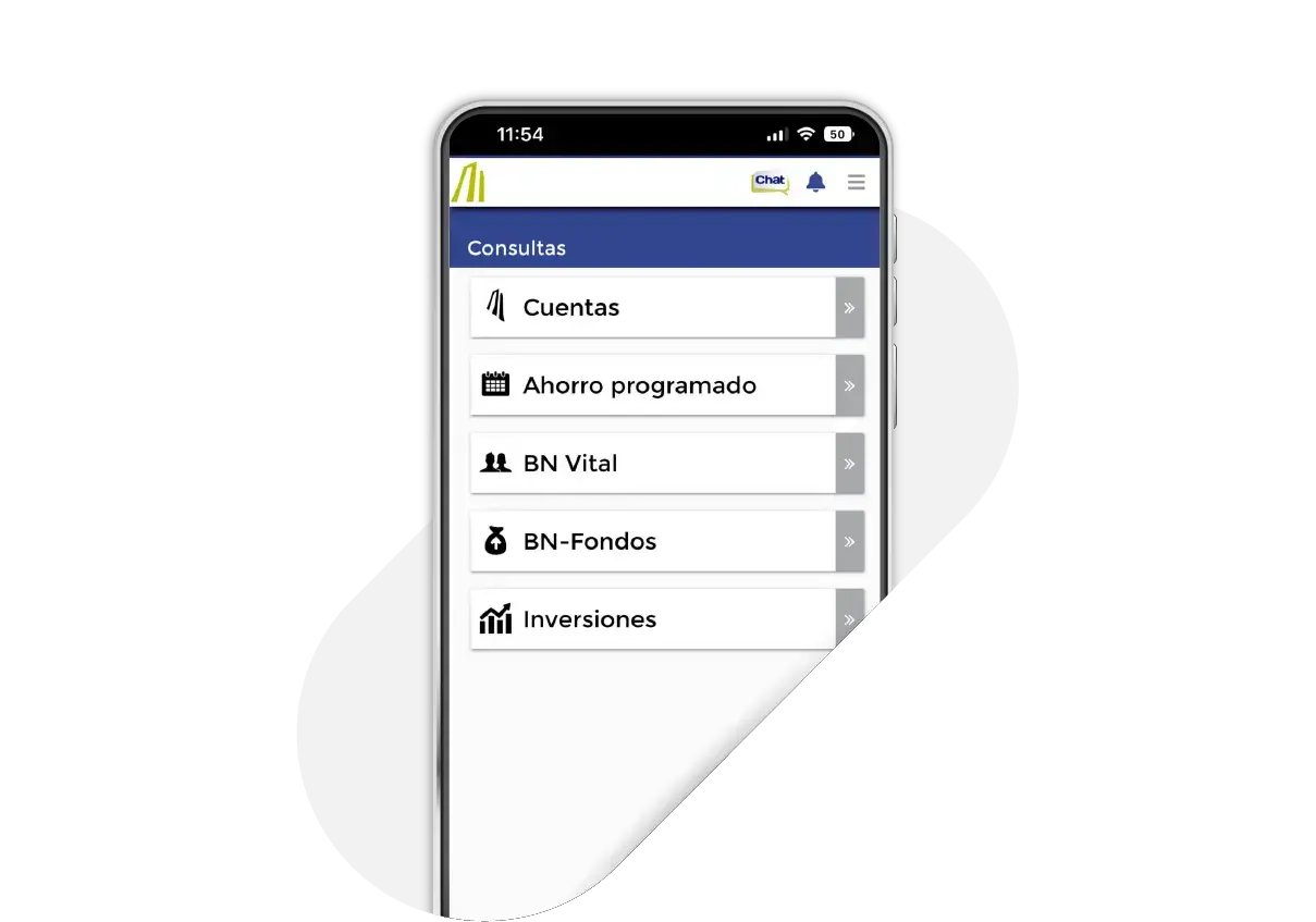 Pantalla de la app del Banco Nacional en la sección de consultas, mostrando opciones como cuentas, ahorro programado, BN Vital, BN-Fondos e inversiones.