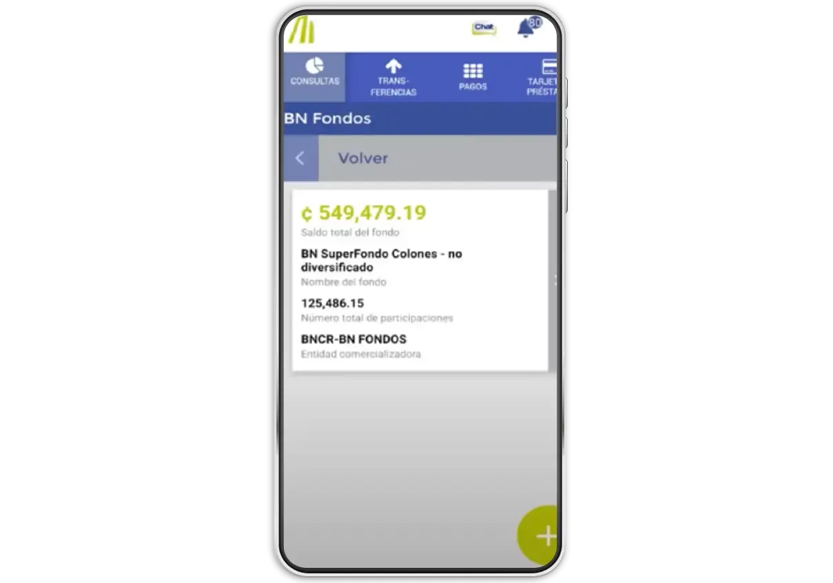 Pantalla de la app del Banco Nacional mostrando el saldo del fondo BN SuperFondo Colones - no diversificado y detalles de participaciones e institución comercializadora.