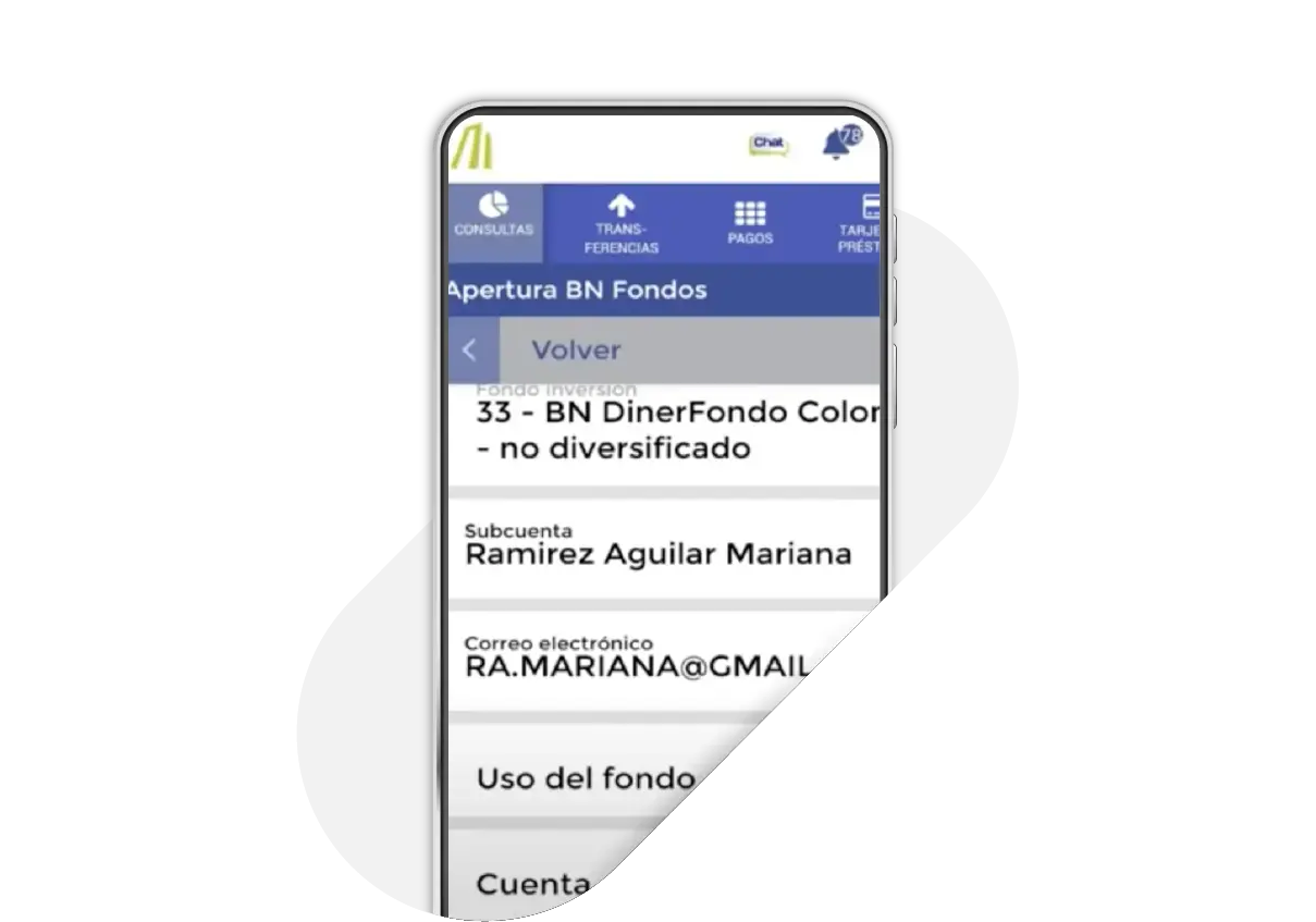 Pantalla de apertura de BN Fondos en la app del Banco Nacional mostrando datos del fondo, subcuenta y correo electrónico del cliente.