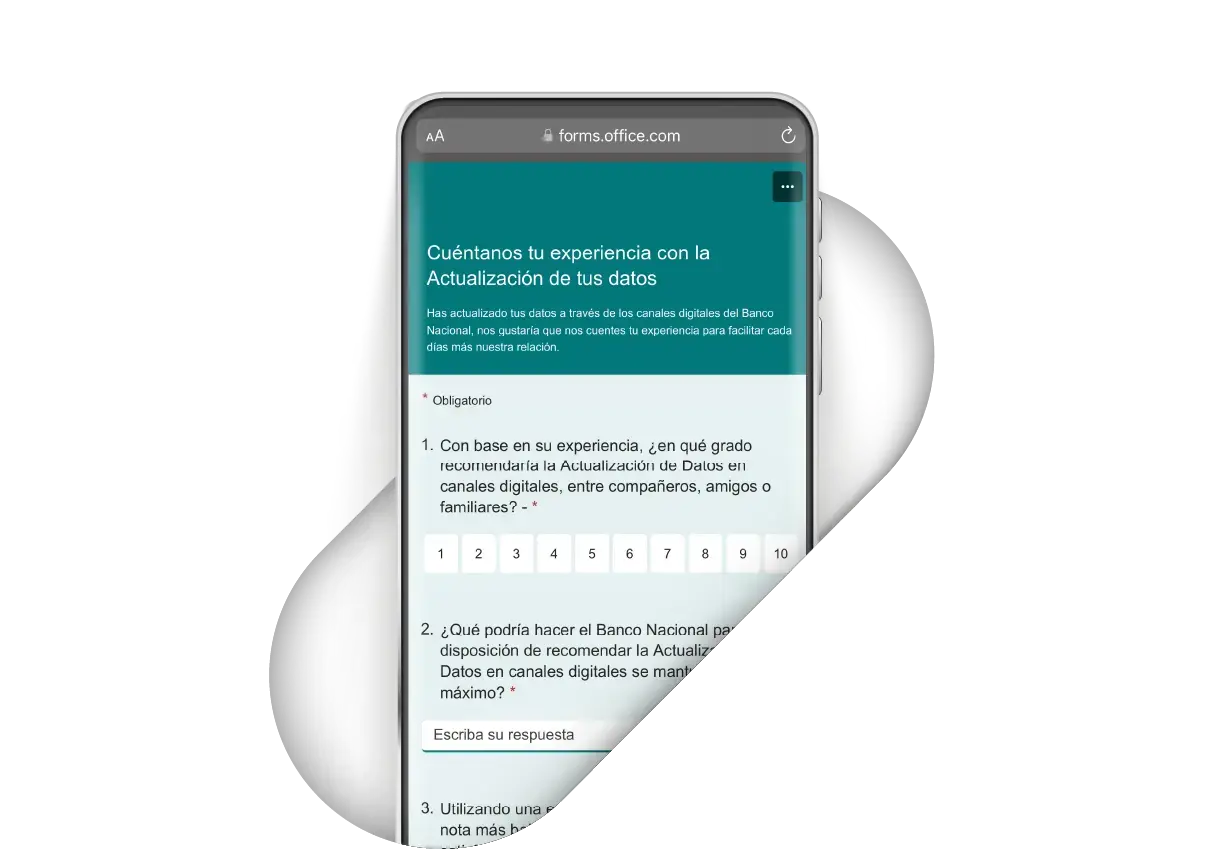 Formulario en línea desde un celular donde el Banco Nacional solicita retroalimentación sobre la experiencia de actualización de datos en canales digitales.