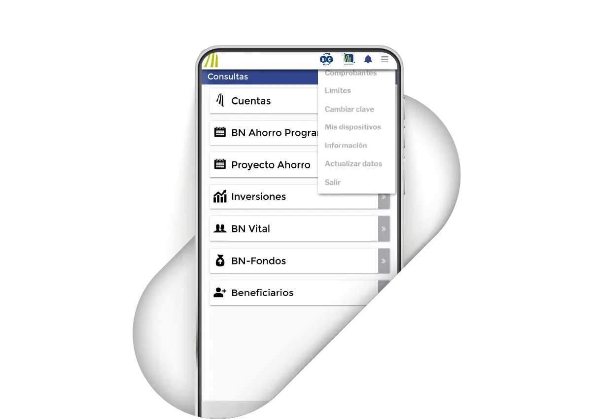 Menú desplegable dentro de la app BN Móvil mostrando opciones como Cuentas, Inversiones, BN-Fondos, Beneficiarios y actualizar datos.