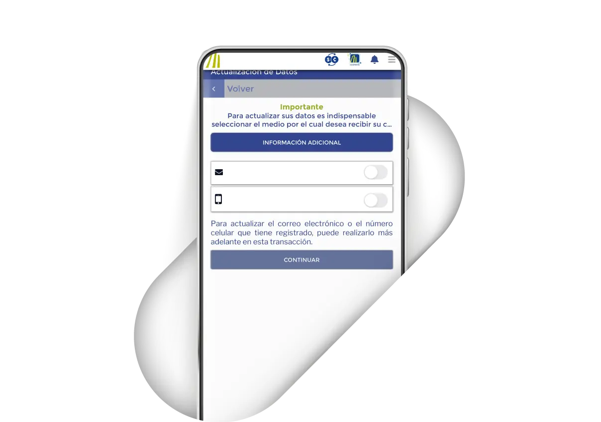 Pantalla de actualización de datos en la app BN Móvil mostrando opciones para recibir información por correo o celular antes de continuar.