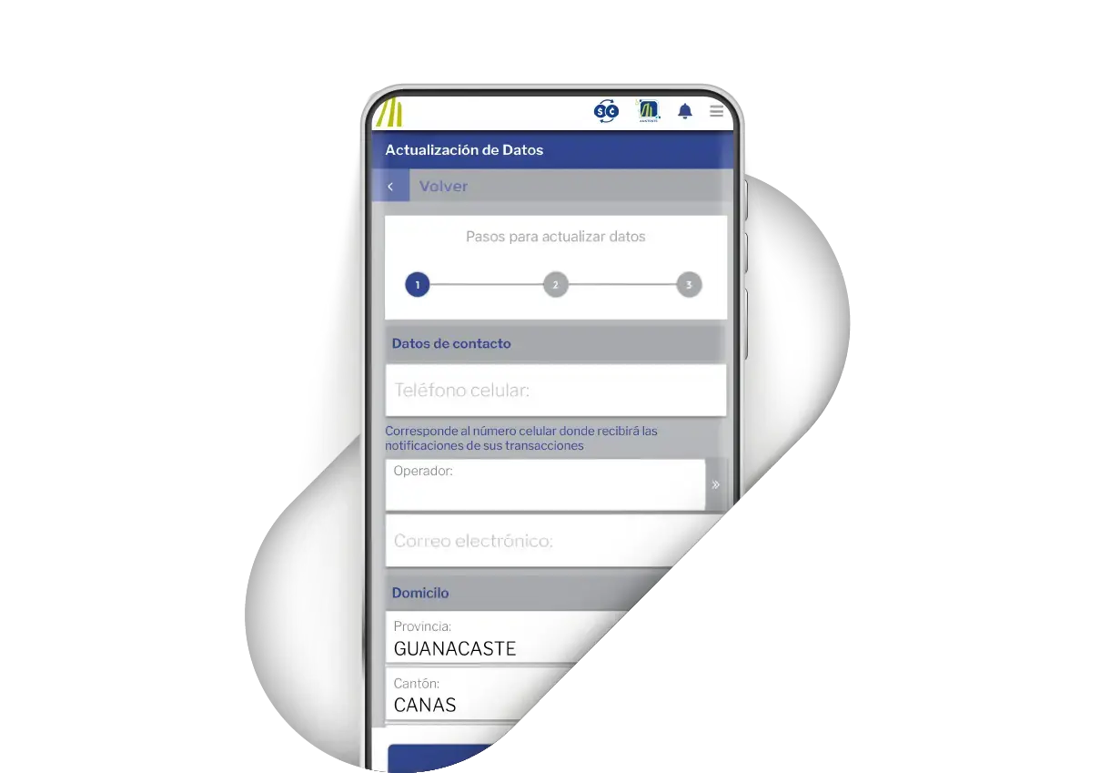 Formulario en la app BN Móvil para ingresar datos de contacto y domicilio durante el proceso de actualización de datos.