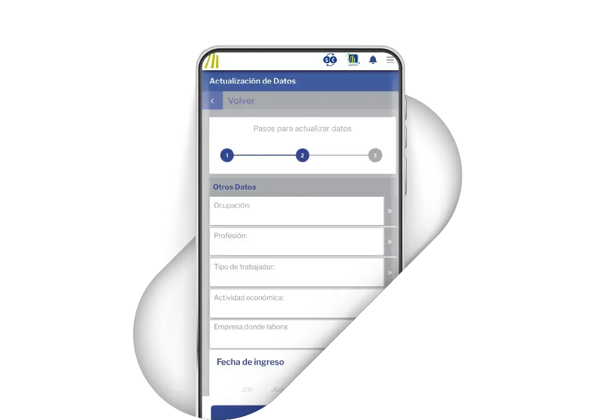 Formulario en la app BN Móvil para completar información laboral y económica durante el proceso de actualización de datos.