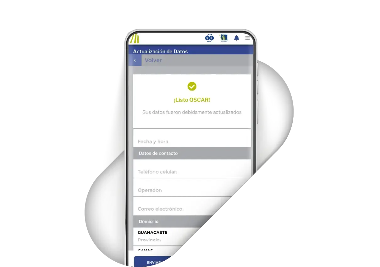Pantalla final del proceso de actualización de datos en la app BN Móvil, mostrando mensaje de confirmación con el nombre del usuario y los datos ingresados.