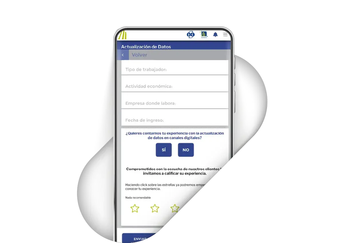Pantalla de BN Móvil mostrando la opción para calificar la experiencia tras actualizar los datos, con botones de sí o no y estrellas de valoración.