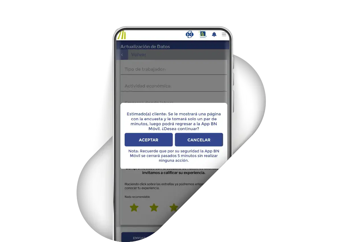 Mensaje emergente en la app BN Móvil que solicita al usuario confirmar si desea continuar con una encuesta tras actualizar sus datos.